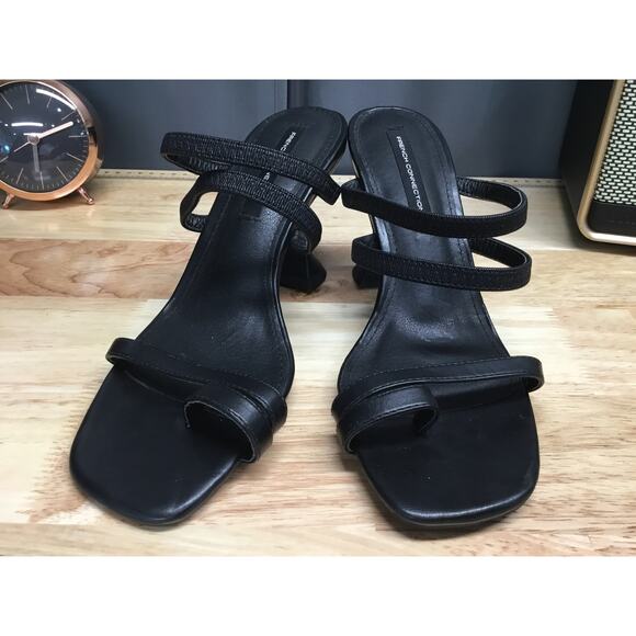French Connection Bridge Heeled Sandals Women's 8 Black Leather Slip-On Preppy - Picture 1 of 6